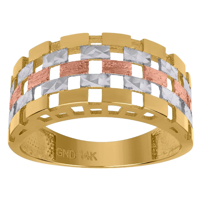 Adjustable Fashion Rings in Leather and Brass with a Tribal - Inspired DesignKeene Jewelers 14kt Tri-color Gold Womens Brick Pattern Textured Fancy Ring Band Adjustable Fashion Rings in Leather and Brass with a Tribal - Inspired DesignKeene Jewelers 14kt Tri-color Gold Womens Brick Pattern Textured Fancy Ring Band