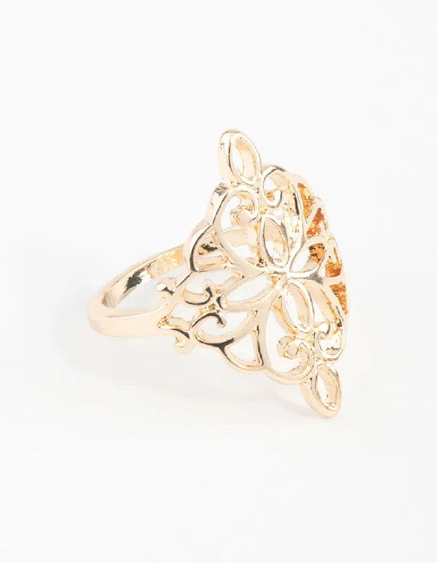 Statement - Making Fashion Rings in Gold - Plated Brass with Oversized Cubic Zirconia StonesGold Filigree Ring Statement - Making Fashion Rings in Gold - Plated Brass with Oversized Cubic Zirconia StonesGold Filigree Ring