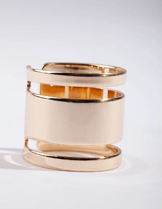 Geometric - Shaped Fashion Rings in Titanium with Iridescent InlaysGold Triple Tube Ring Geometric - Shaped Fashion Rings in Titanium with Iridescent InlaysGold Triple Tube Ring