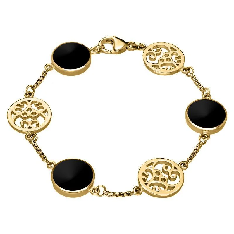 9ct Yellow Gold Whitby Jet Flore Filigree Bracelet