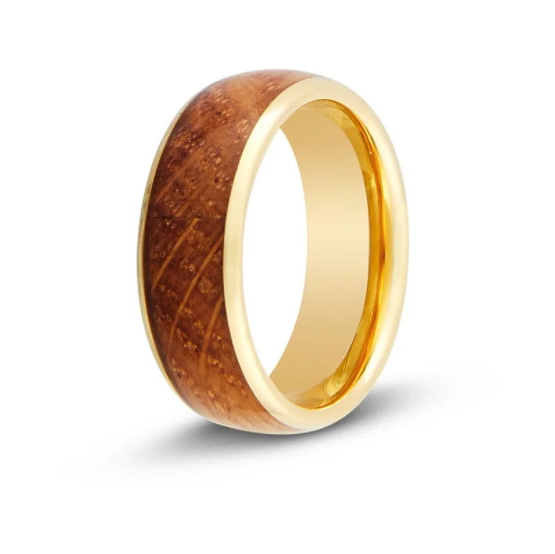 Men's laser - engraved rings with custom messagesMen’s Gold Whiskey Barrel Wood Inlay Ring