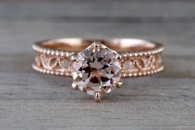 Men's Damascus - steel rings with a unique pattern14k Rose Gold Round Morganite Diamond Ring Crown Vintage Design Men's Damascus - steel rings with a unique pattern14k Rose Gold Round Morganite Diamond Ring Crown Vintage Design