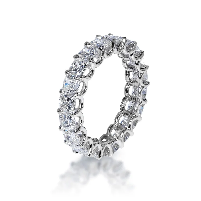 Ellis 4 Carats Cushion Cut Diamond Eternity Ring in 18k White Gold U-Shape Shared Prong Ellis 4 Carats Cushion Cut Diamond Eternity Ring in 18k White Gold U-Shape Shared Prong