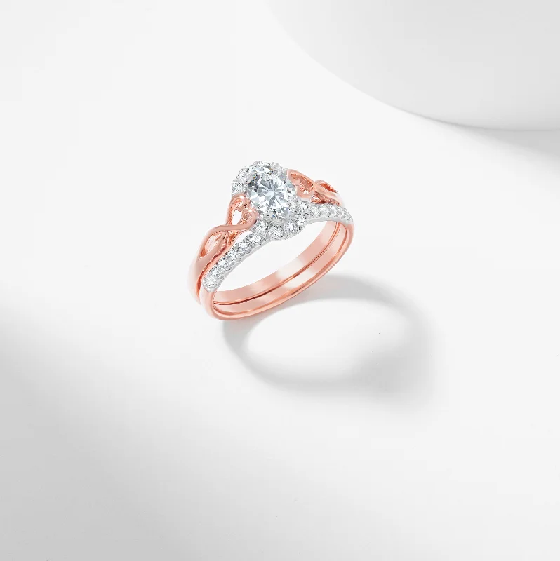 Heart - shaped diamond engagement ring with a hidden halo in 14K rose goldOval Diamond Bridal Set 1.1tdw Heart - shaped diamond engagement ring with a hidden halo in 14K rose goldOval Diamond Bridal Set 1.1tdw