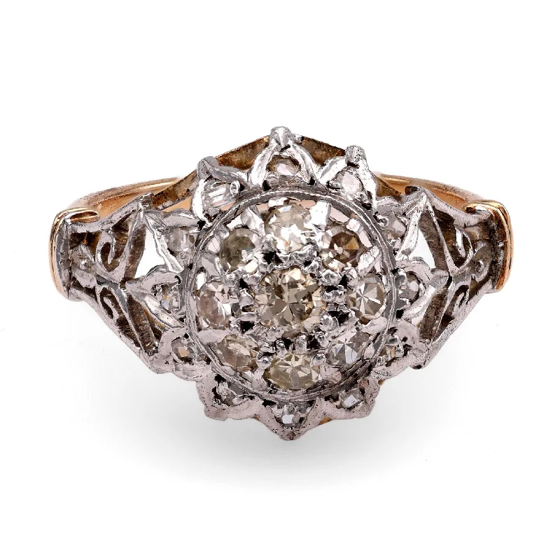 Amethyst and diamond engagement ring in a 18K gold and silver two - tone settingTwo-Tone Retro Diamond Cluster Ring Amethyst and diamond engagement ring in a 18K gold and silver two - tone settingTwo-Tone Retro Diamond Cluster Ring