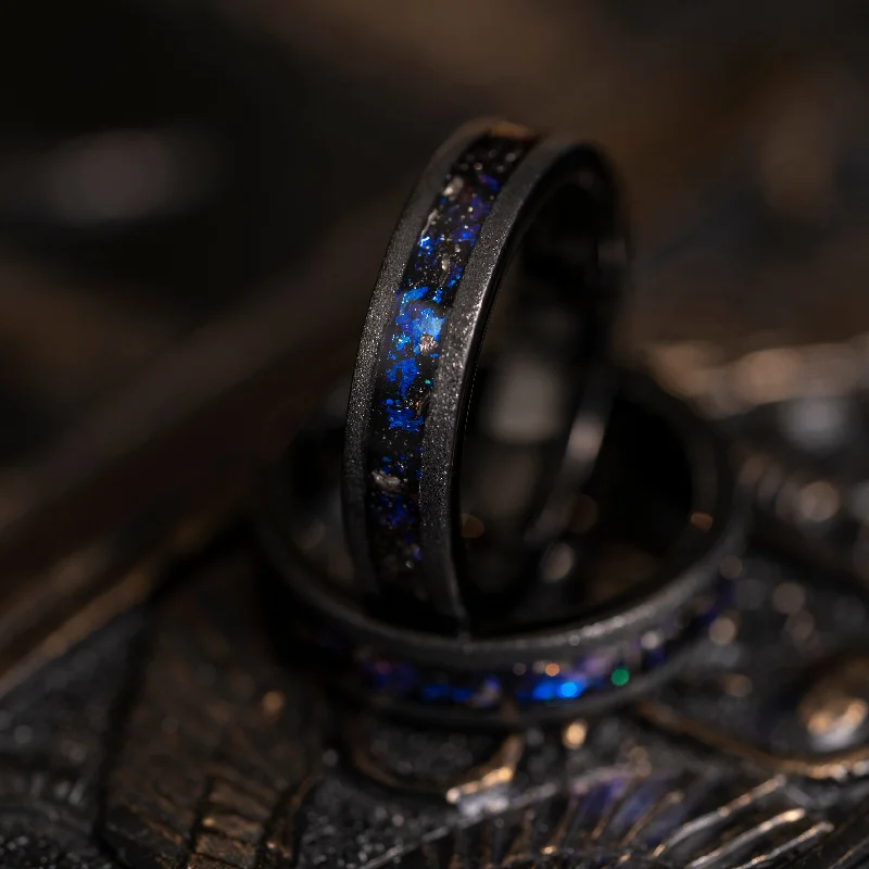 Women's Rings with Hidden Compartments for Secret Keepsakes"Zeus" Flat Nebula Ring- Meteorite and Opal- Black 5mm Womens Women's Rings with Hidden Compartments for Secret Keepsakes"Zeus" Flat Nebula Ring- Meteorite and Opal- Black 5mm Womens