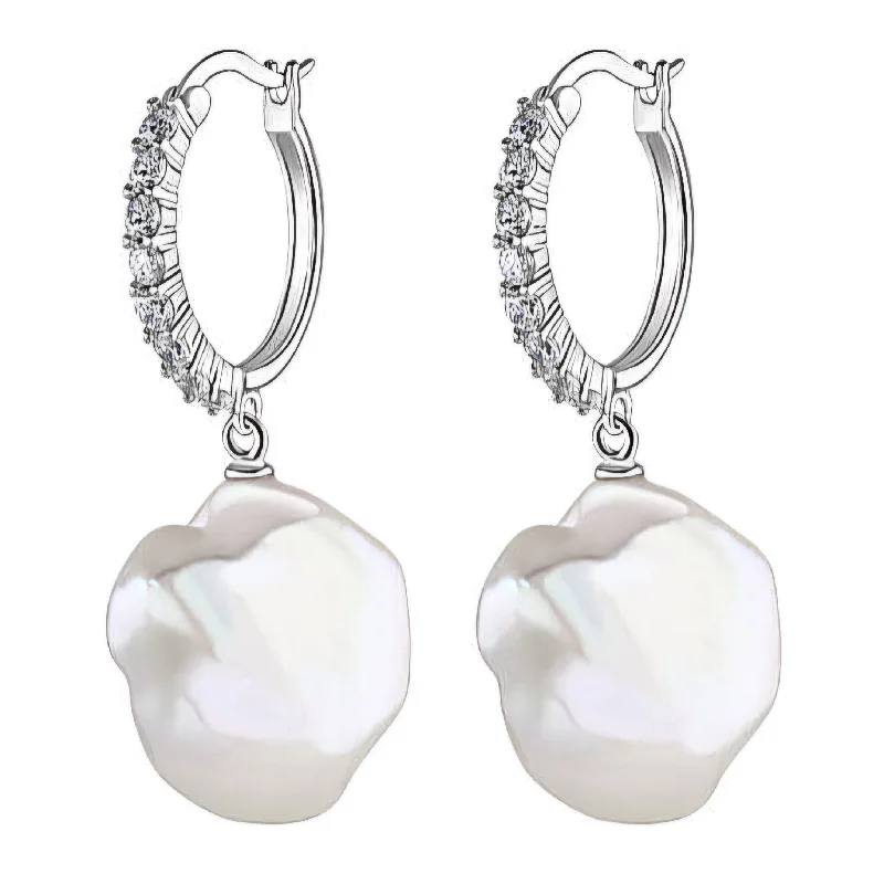 Hoop earrings for womenWhite Baroque Pearl CZ Set Hoop Earrings