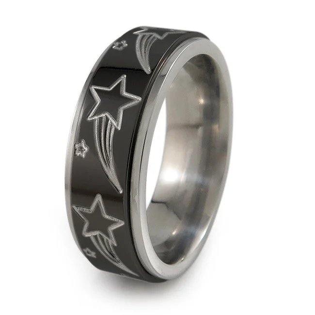 Enamel - Coated Women's Rings in Bright, Bold ColorsAnodizing -Shooting Stars - Natural Edge - Black Spinner Enamel - Coated Women's Rings in Bright, Bold ColorsAnodizing -Shooting Stars - Natural Edge - Black Spinner