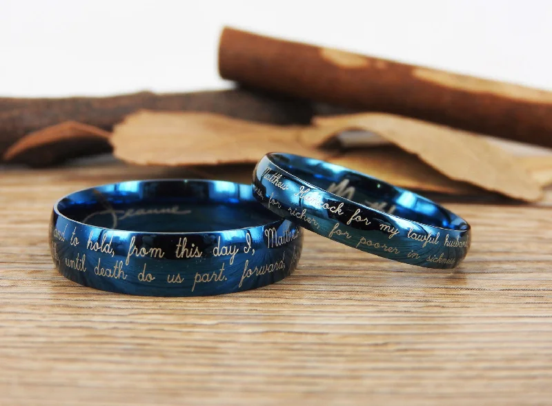 Men's high - quality handmade rings for artisanal appealHandmade Your Marriage Vow & Signature Rings Wedding Rings, Blue Matching Wedding Bands, Titanium Couple Rings Set Men's high - quality handmade rings for artisanal appealHandmade Your Marriage Vow & Signature Rings Wedding Rings, Blue Matching Wedding Bands, Titanium Couple Rings Set