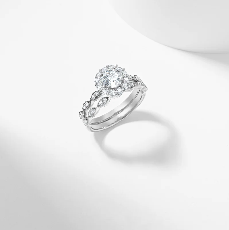 Princess - cut diamond engagement ring with a pavé - set band in platinumRound Brilliant Moissanite Halo Bridal Set 1.3tdw Princess - cut diamond engagement ring with a pavé - set band in platinumRound Brilliant Moissanite Halo Bridal Set 1.3tdw
