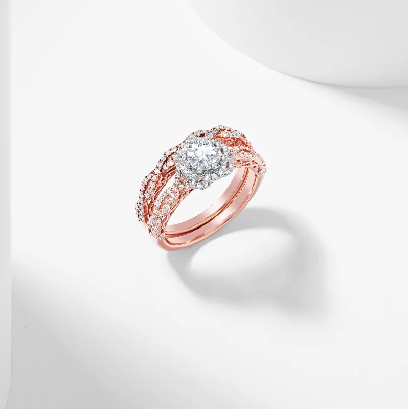 Marquise - cut diamond engagement ring with a split - shank band in platinumRound Brilliant Moissanite Flower Halo Bridal Set 1.5tdw