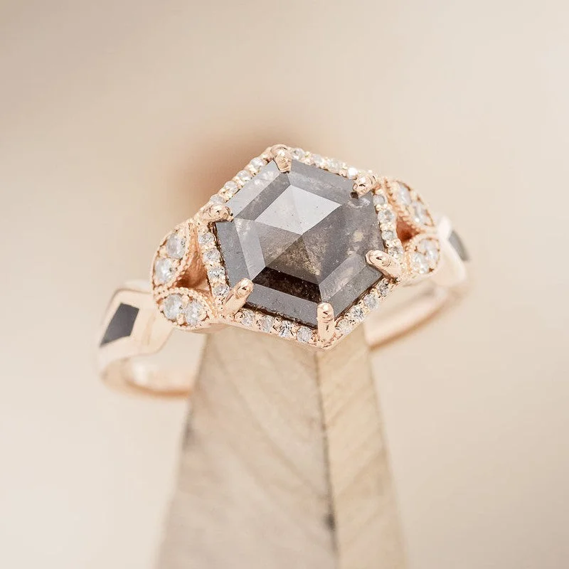 Men's Aquamarine Engagement Rings in 9K Gold with a Bezel - Set Stone"LUCY IN THE SKY" - HEXAGON ROSECUT SALT & PEPPER ENGAGEMENT RING WITH JET STONE INLAYS Men's Aquamarine Engagement Rings in 9K Gold with a Bezel - Set Stone"LUCY IN THE SKY" - HEXAGON ROSECUT SALT & PEPPER ENGAGEMENT RING WITH JET STONE INLAYS