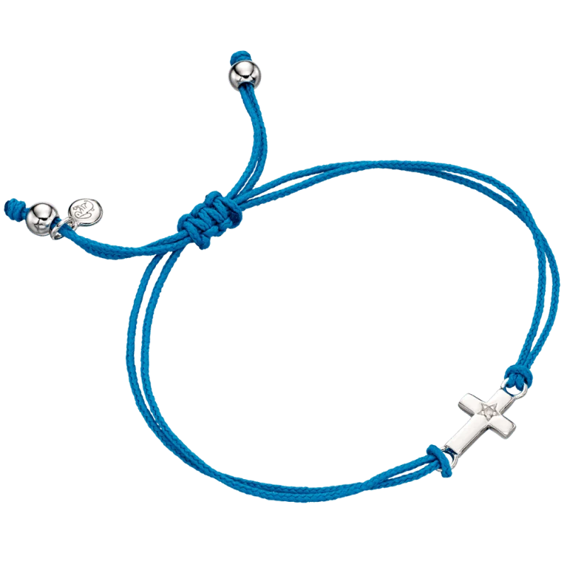 Little Star Sterling Silver Diamond Cross Blue Cord Lara Bracelet