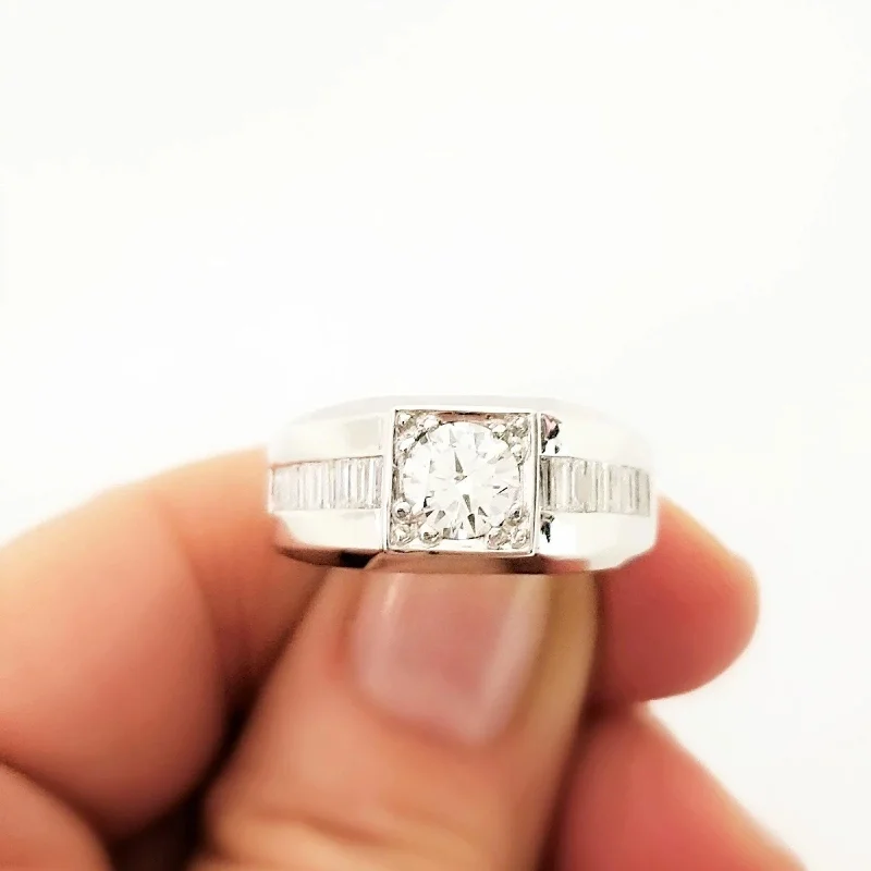 Women's Rings with Hidden Compartments for Secret KeepsakesWhite Gold Man's Ring with a Center Diamond and Baguettes