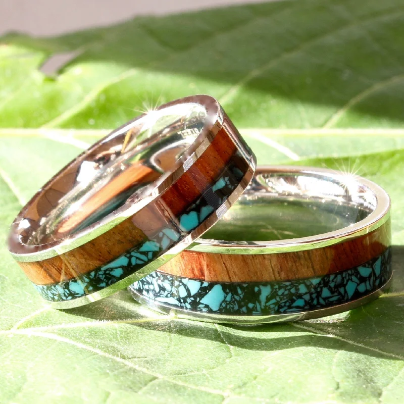 Men's Damascus - steel rings with a unique patternWood & Turquoise Wedding Band Set for Him and Her | His and Hers Wedding Bands Men's Damascus - steel rings with a unique patternWood & Turquoise Wedding Band Set for Him and Her | His and Hers Wedding Bands