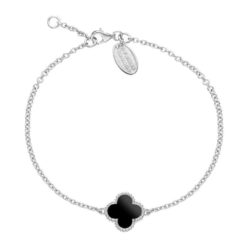 Sterling Silver Whitby Jet Bloom Four Leaf Clover Ball Edge Chain Bracelet