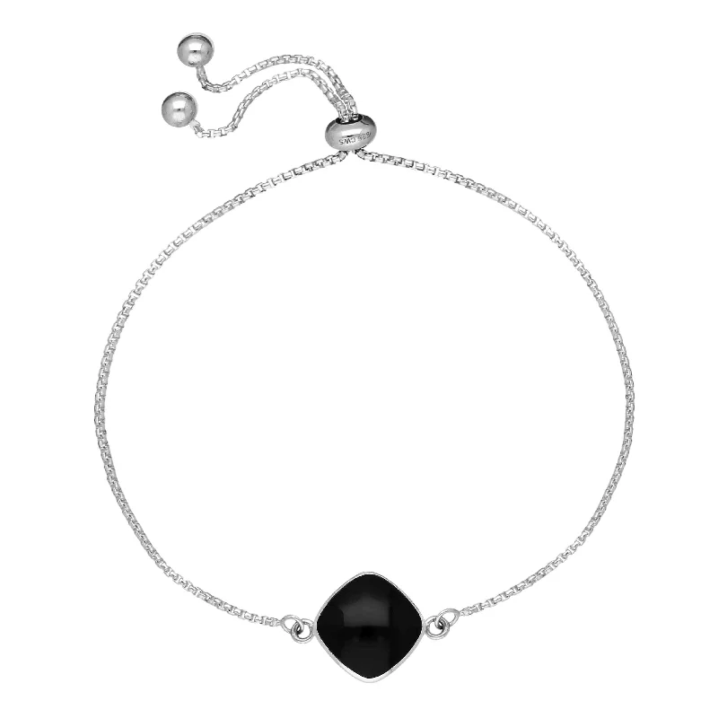 Sterling Silver Whitby Jet Diamond Cushion Shaped Adjustable Bracelet
