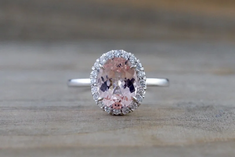Men's tungsten carbide rings with a brushed texture14k White Gold Oval Morganite Peach Beige Diamond Halo Engagement Ring Vintage 10mm