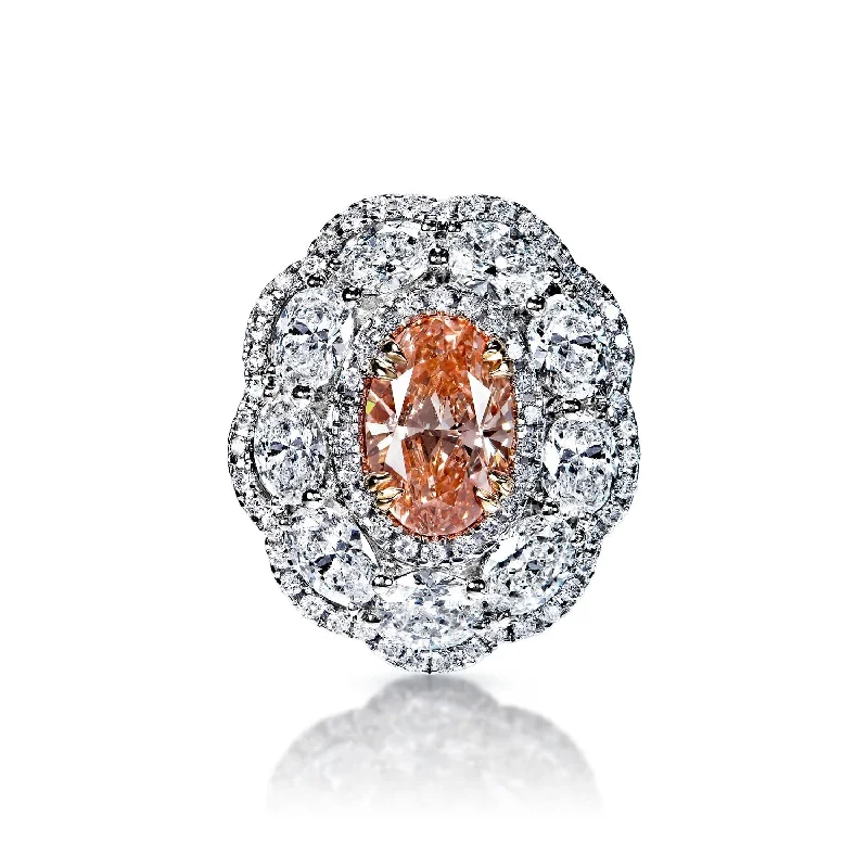 Elliott 6 Carat Fancy Orangy Pink VS1 Oval Cut Diamond Engagement Ring in 18k White Gold By Mike Nekta Elliott 6 Carat Fancy Orangy Pink VS1 Oval Cut Diamond Engagement Ring in 18k White Gold By Mike Nekta