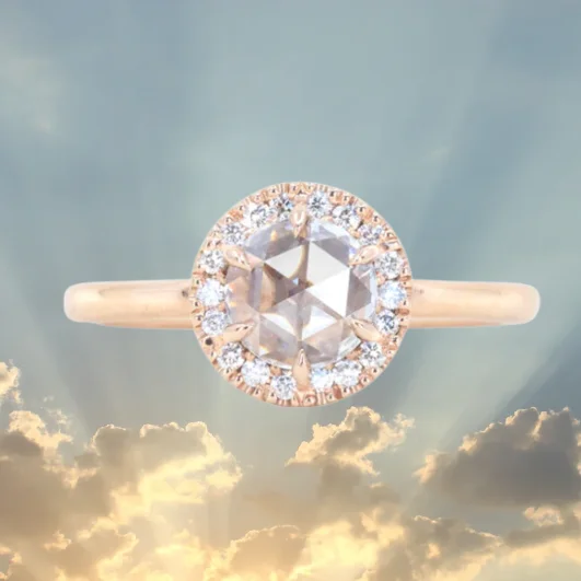 0.59ct White Rosecut diamond in 14k Rose Gold Low Profile 6 Prong Halo Evergreen Setting 0.59ct White Rosecut diamond in 14k Rose Gold Low Profile 6 Prong Halo Evergreen Setting