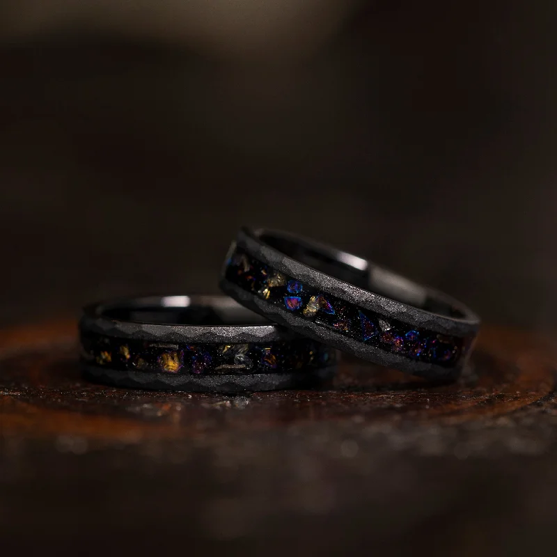 Women's Rings with Birthstones for a Personalized Touch"Zeus" Hammered Dark Nebula Ring- Meteorite and Opal- Black 5mm Womens Women's Rings with Birthstones for a Personalized Touch"Zeus" Hammered Dark Nebula Ring- Meteorite and Opal- Black 5mm Womens