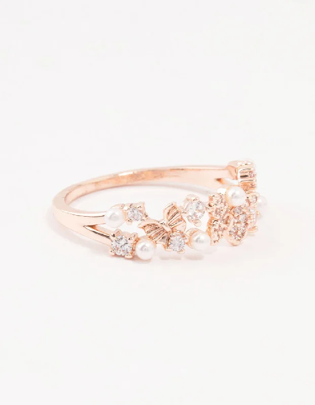Stackable Fashion Rings in Rose - Gold Tone with Delicate Floral EngravingsRose Gold Plated Butterfly Pearl Band Ring Stackable Fashion Rings in Rose - Gold Tone with Delicate Floral EngravingsRose Gold Plated Butterfly Pearl Band Ring