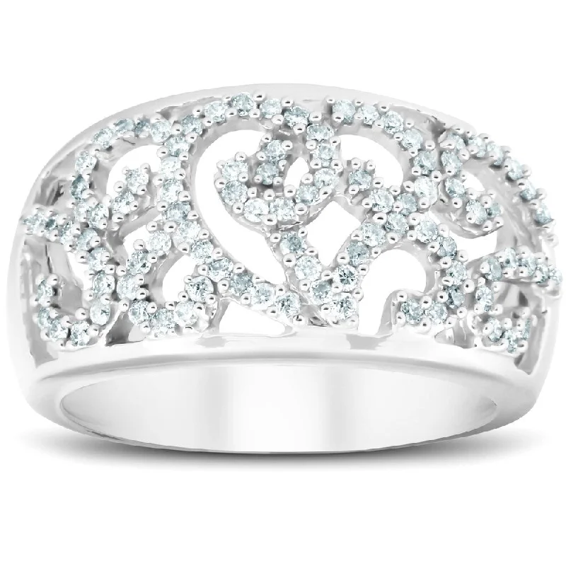 1/2 Ct Diamond Multi Row Wide Right Hand Cocktail Ring 10k White Gold