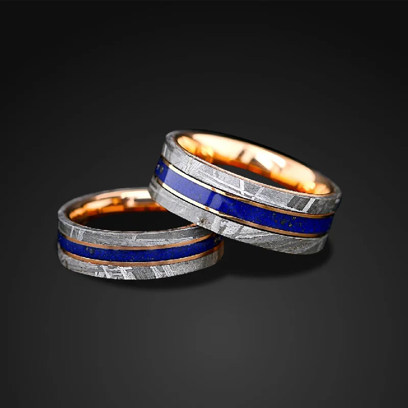 Men's stainless - steel promise rings with a matte finishMeteorite Wedding Band | Unisex Lapis Lazuli Meteorite Ring | Tungsten with Rose Gold Wedding Band for Him & Her Men's stainless - steel promise rings with a matte finishMeteorite Wedding Band | Unisex Lapis Lazuli Meteorite Ring | Tungsten with Rose Gold Wedding Band for Him & Her