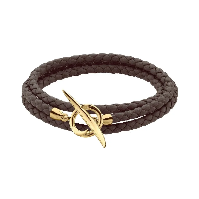 Shaun Leane Quill Yellow Gold Vermeil Brown Leather Wrap Bracelet