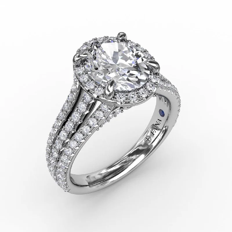 Men's Diamond Engagement Rings with Platinum Band and Halo Setting for a Luxury ProposalOval Diamond Halo Engagement Ring With Triple-Row Diamond Band