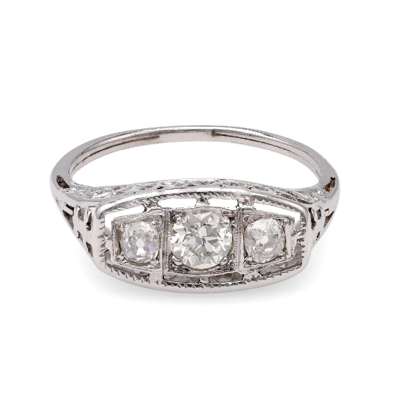 Princess - cut diamond engagement ring with a pavé - set band in platinumArt Deco Three-Stone Diamond Ring Princess - cut diamond engagement ring with a pavé - set band in platinumArt Deco Three-Stone Diamond Ring