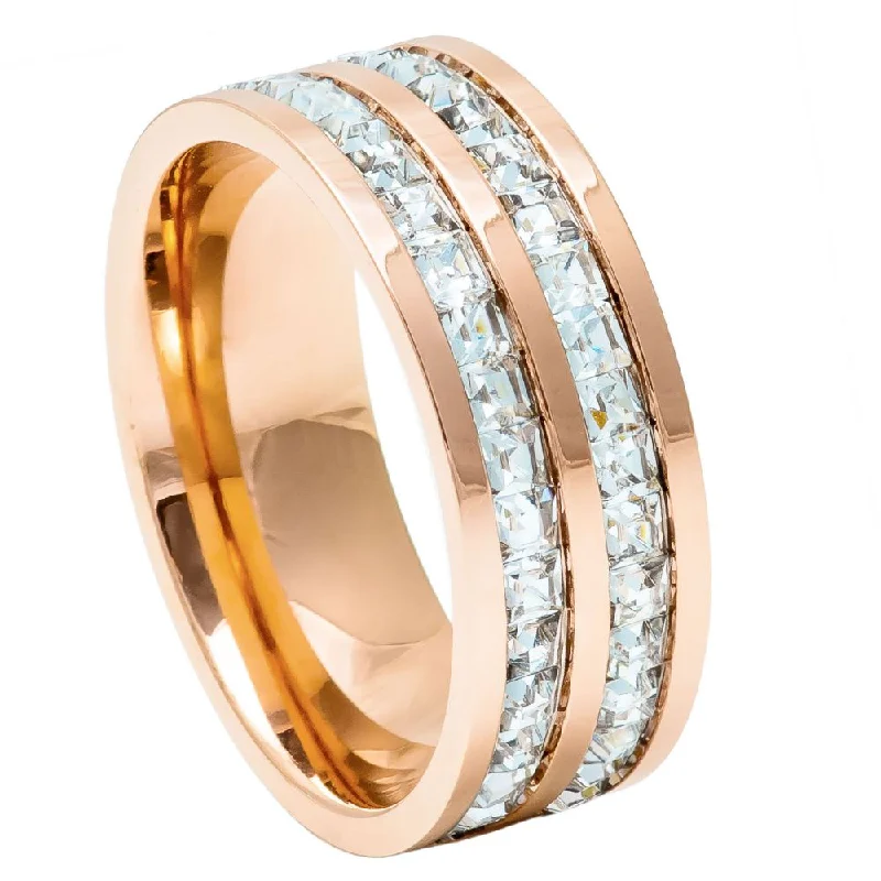 Titanium Rings with a Diamond - Cut Edge for Extra Sparkle8mm - Mens Titanium Rose Gold Ring IP Plated Flat Top Double Row Princess Cut Titanium Rings with a Diamond - Cut Edge for Extra Sparkle8mm - Mens Titanium Rose Gold Ring IP Plated Flat Top Double Row Princess Cut