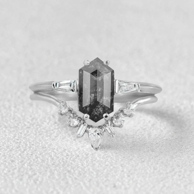 Long Hexagon Salt and Pepper Diamonds Three Stone Ring Set 2pcs