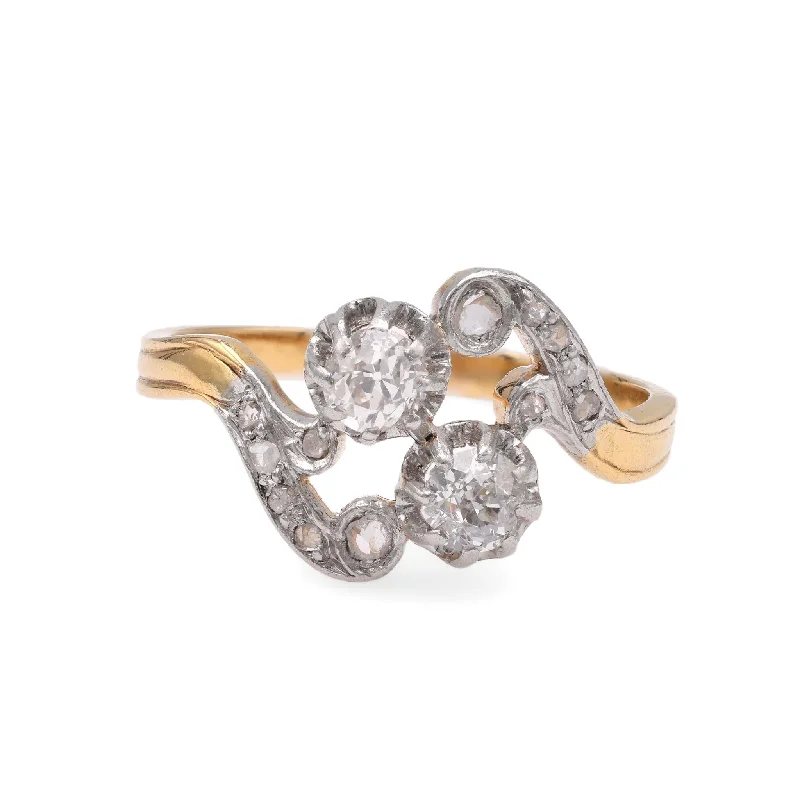 Three - stone diamond engagement ring in rose gold, symbolizing past, present, and futureFrench Belle Epoque Diamond Yellow Gold Toi Et Moi Ring Three - stone diamond engagement ring in rose gold, symbolizing past, present, and futureFrench Belle Epoque Diamond Yellow Gold Toi Et Moi Ring