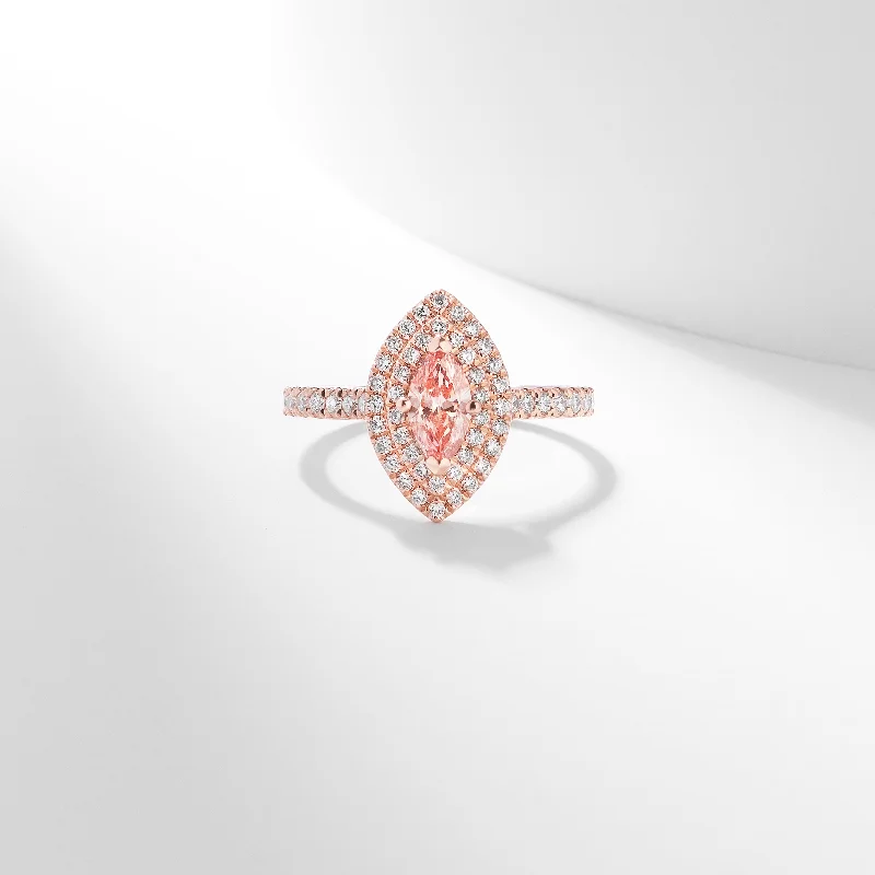 Three - stone diamond engagement ring in rose gold, symbolizing past, present, and future14K Rose Gold 1.08tdw Marquise Pink Lab Diamond Centre With Double Halo And Claw Set Shoulders Ring Three - stone diamond engagement ring in rose gold, symbolizing past, present, and future14K Rose Gold 1.08tdw Marquise Pink Lab Diamond Centre With Double Halo And Claw Set Shoulders Ring