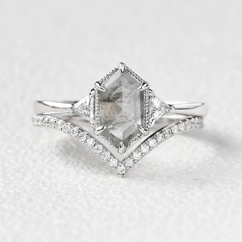 Hexagon Salt and Pepper Diamonds Three Stone Ring Set 2pcs