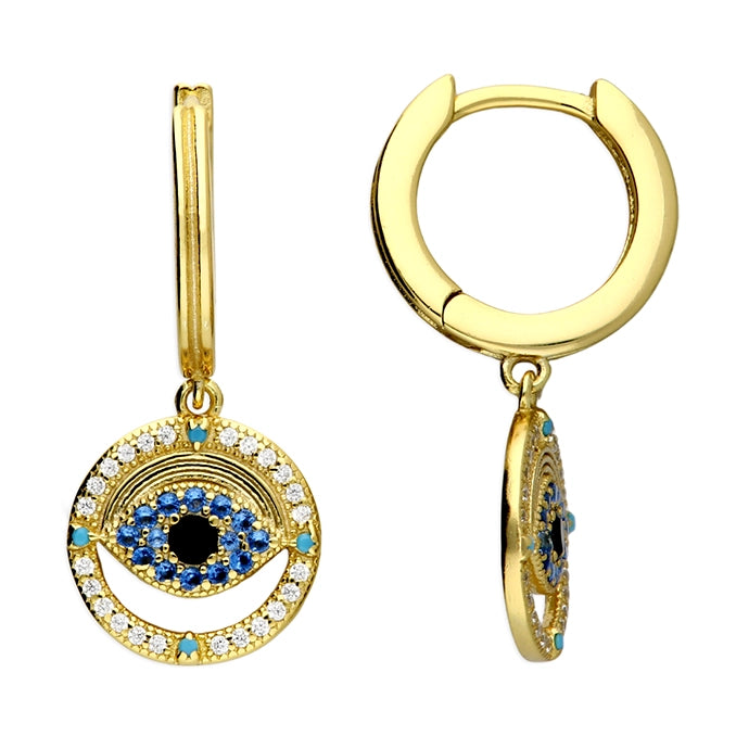 Gold hoop earrings14ct Gold Plated Silver Cubic Zirconia Evil Eye Earrings