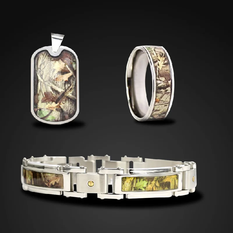 Men's citrine - studded rings for a sunny yellow shade3 pc Hunting Camo Jewelry Set Hunter Bracelet Ring Dog Tag
