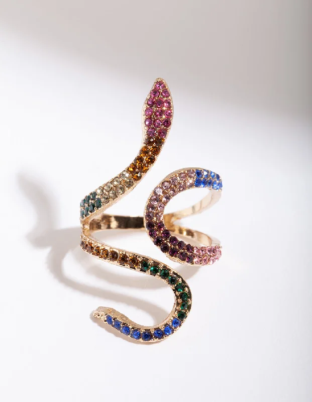 Fashion Rings with Initial Charms in Silver - Plated Metal for a Custom AccessoryRainbow Diamante Snake Wrap Ring Fashion Rings with Initial Charms in Silver - Plated Metal for a Custom AccessoryRainbow Diamante Snake Wrap Ring