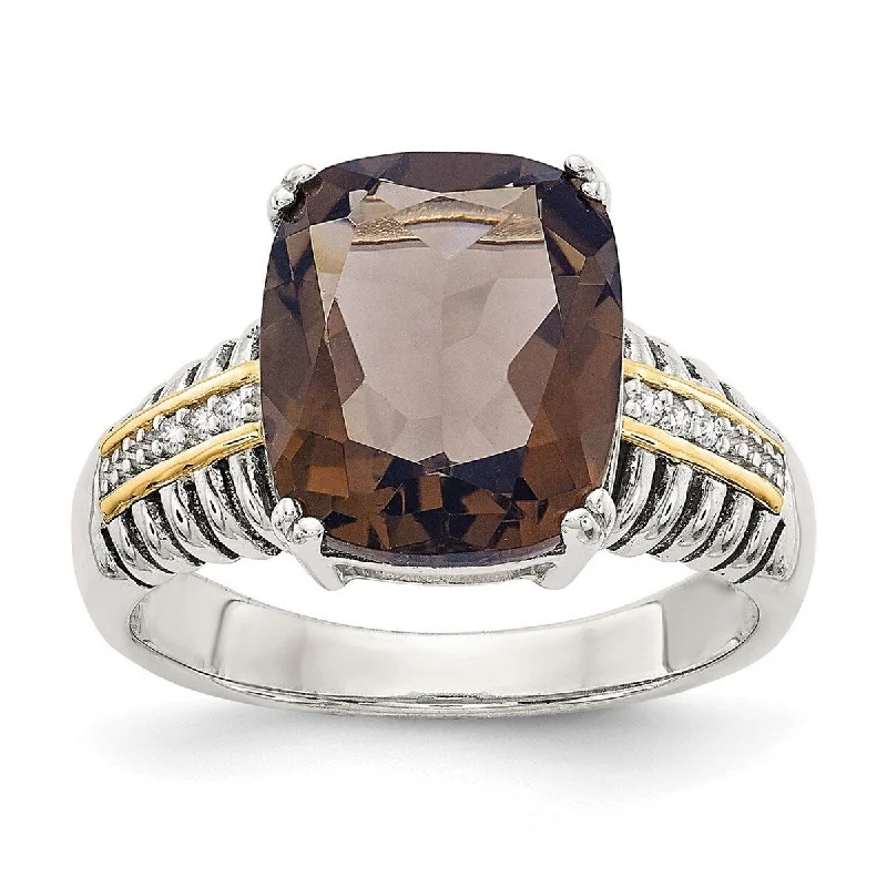 Curata 925 Sterling Silver Polished Prong set Open back 14k Yellow Diamond Smokey Quartz Ring Curata 925 Sterling Silver Polished Prong set Open back 14k Yellow Diamond Smokey Quartz Ring