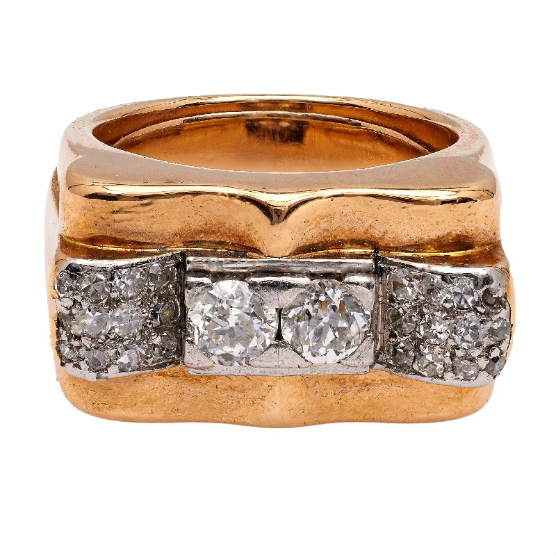 Radiant - cut diamond engagement ring with a bezel - set center stone in 18K yellow goldRetro French Diamond 18k Rose Gold Platinum Tank Ring Radiant - cut diamond engagement ring with a bezel - set center stone in 18K yellow goldRetro French Diamond 18k Rose Gold Platinum Tank Ring