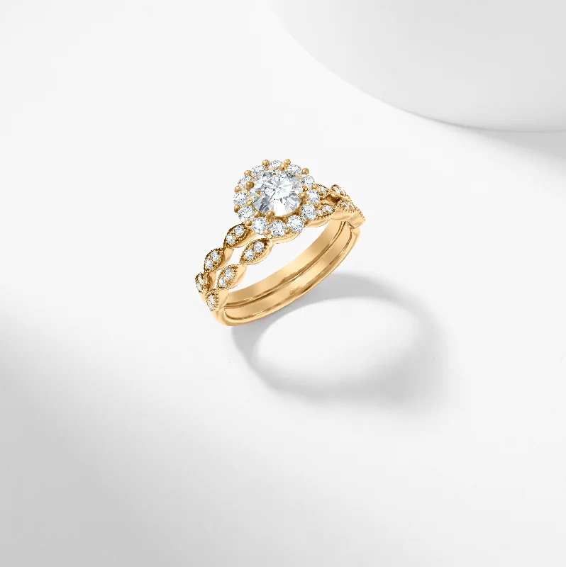 Three - stone diamond engagement ring in rose gold, symbolizing past, present, and futureRound Brilliant Lab Grown Diamond Halo Bridal Set 1.3tdw Three - stone diamond engagement ring in rose gold, symbolizing past, present, and futureRound Brilliant Lab Grown Diamond Halo Bridal Set 1.3tdw
