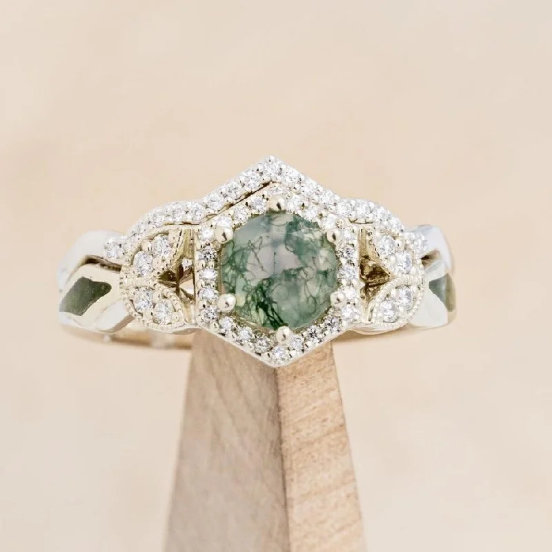Men's Topaz Engagement Rings in 10K Gold with a Channel - Set Diamond Band"LUCY IN THE SKY" PETITE - ROUND CUT MOSS AGATE ENGAGEMENT RING WITH DIAMOND HALO, MOSS INLAYS AND A DIAMOND TRACER Men's Topaz Engagement Rings in 10K Gold with a Channel - Set Diamond Band"LUCY IN THE SKY" PETITE - ROUND CUT MOSS AGATE ENGAGEMENT RING WITH DIAMOND HALO, MOSS INLAYS AND A DIAMOND TRACER