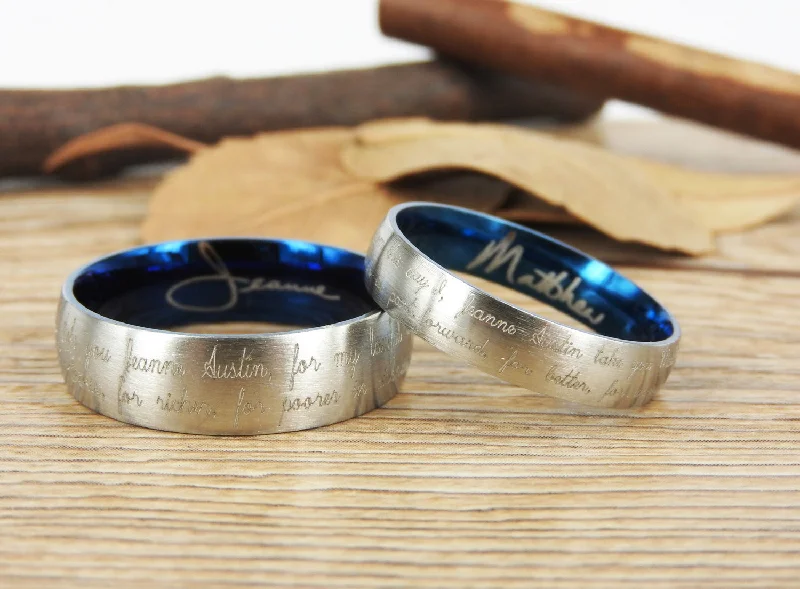 Men's sports - team logo rings for fansHandmade Your Marriage Vow & Signature Rings Wedding Rings, Two Tones Matching Wedding Bands, Titanium Couple Rings Set Men's sports - team logo rings for fansHandmade Your Marriage Vow & Signature Rings Wedding Rings, Two Tones Matching Wedding Bands, Titanium Couple Rings Set