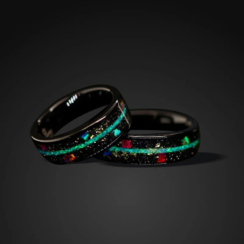 Men's ruby - adorned rings for a bold red color"Galaxy" Opal Ring Gold Foil Band Black Stainless Steel Ring Men's ruby - adorned rings for a bold red color"Galaxy" Opal Ring Gold Foil Band Black Stainless Steel Ring