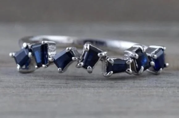 Men's stackable rings for a layered lookGold Sapphire Staggered Baguette Cut Band Ring B10080 Men's stackable rings for a layered lookGold Sapphire Staggered Baguette Cut Band Ring B10080