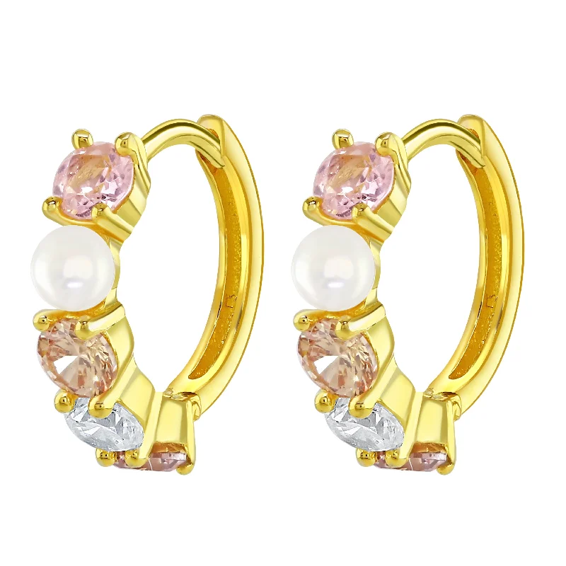 Gold hoop earringsGold Plated Champagne Cubic Zirconia and Pearl Hoop Earrings