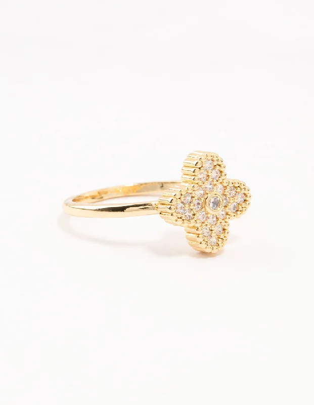 Adjustable Fashion Rings in Leather and Brass with a Tribal - Inspired DesignGold Plated Cubic Zirconia Clover Statement Ring