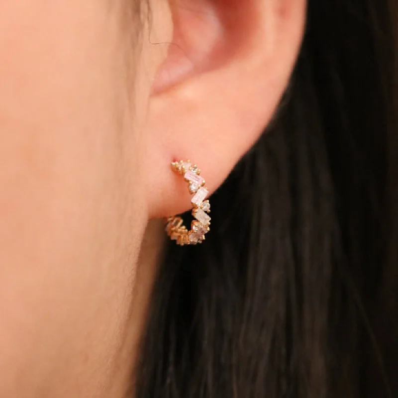 Diamond hoop earringsWhite Topaz and Rose quartz Semi-Hoop Earrings