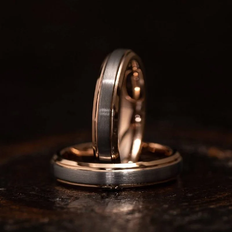 Engagement - Inspired Women's Rings with a Halo of Small Diamonds"Apollo" Womens Tungsten Carbide Ring- White Gold w/ Rose Gold Strip- 4mm Engagement - Inspired Women's Rings with a Halo of Small Diamonds"Apollo" Womens Tungsten Carbide Ring- White Gold w/ Rose Gold Strip- 4mm